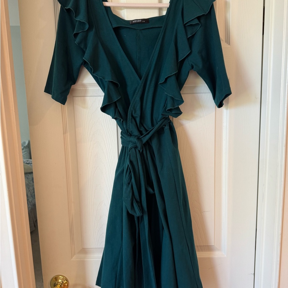 Emerald Teal Wrap Midi Dress with Flutter Sleeves